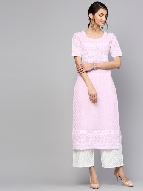 

Libas Women Lavender & White Embroidered Kurta with Palazzos