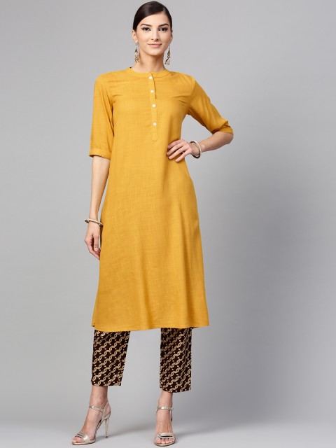 

Libas Women Mustard Yellow & Brown Solid Kurta with Trousers