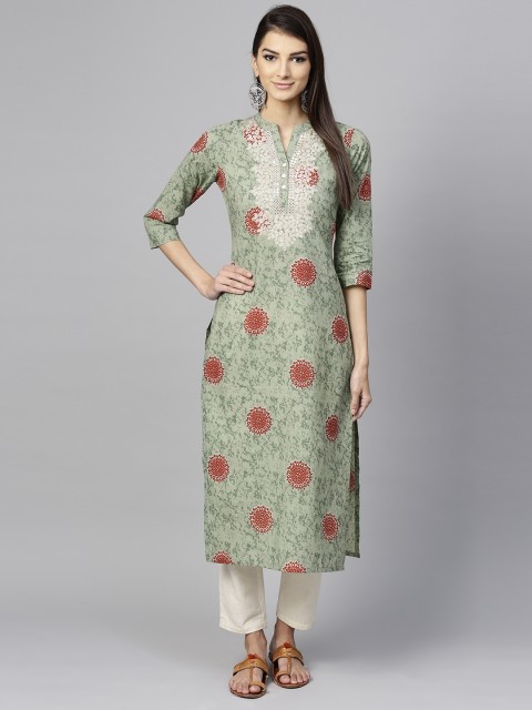 

Libas Women Green & Red Printed Straight Kurta