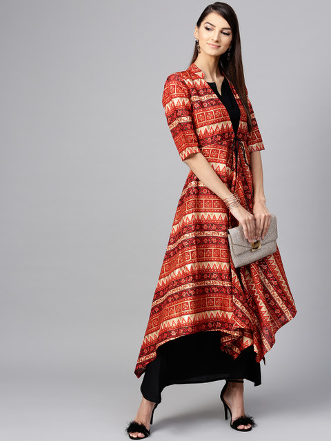 

Libas Women Black & Red Solid Maxi Dress with Ethnic Jacket