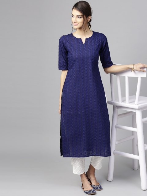 

Libas Women Navy Blue & White Embroidered Kurta with Trousers