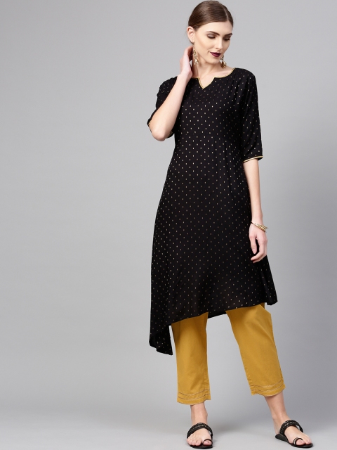 

Libas Women Black & Mustard Yellow Self Design Kurta with Trousers