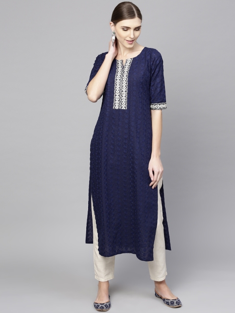 

Libas Women Navy Blue Embroidered Straight Kurta