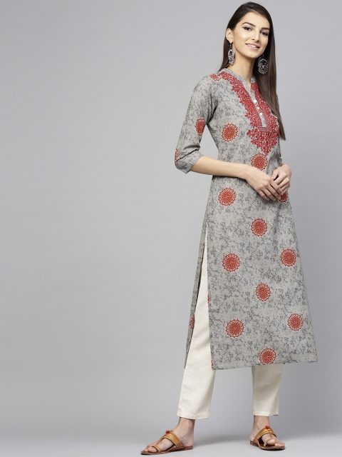 

Libas Women Grey & Red Printed Straight Kurta
