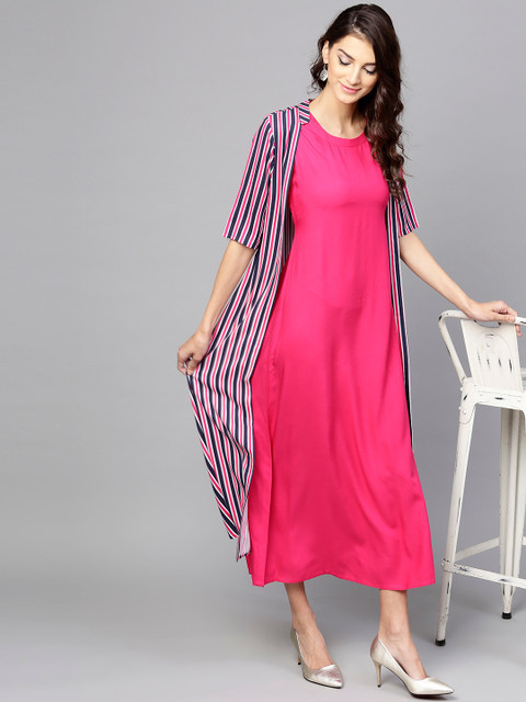 

Libas Women Pink Solid Midi A-Line Dress with Striped Layer