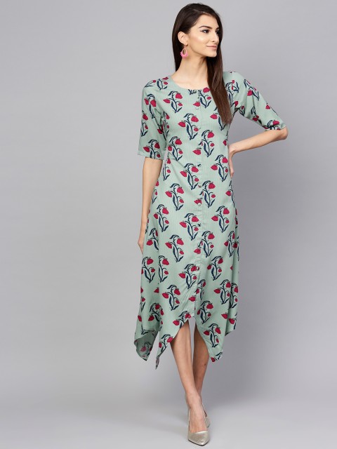 

Libas Women Green & Magenta Printed A-Line Dress