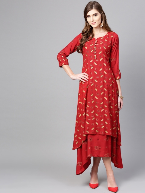 

Libas Women Red & Golden Block Print Layered Maxi Dress