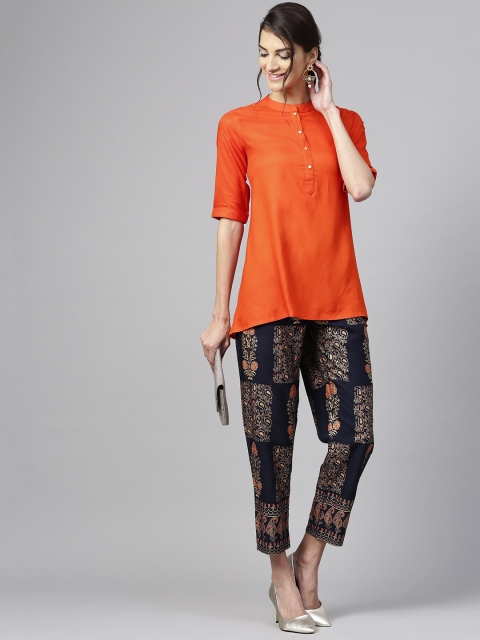

Libas Women Orange & Navy Blue Solid Kurti with Trousers