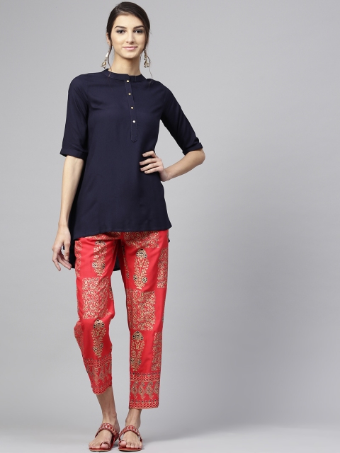 

Libas Women Navy Blue & Red Solid Top with Printed Trousers