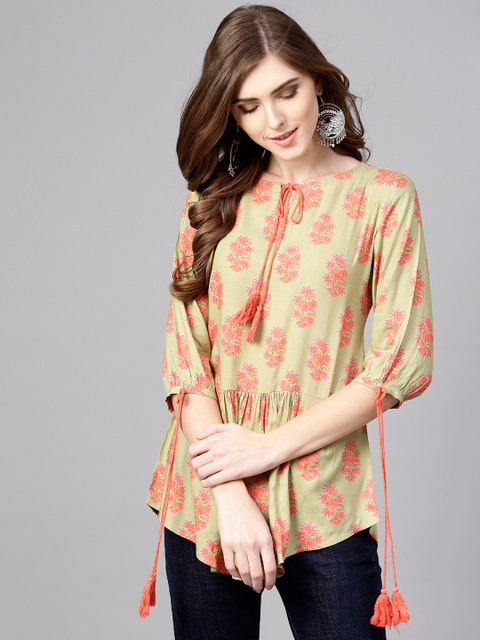 

Libas Women Green & Pink Printed A-Line Kurti