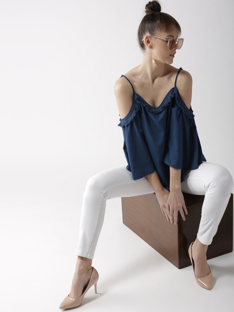 

Popnetic Women Navy Blue Solid Cold Shoulder Top
