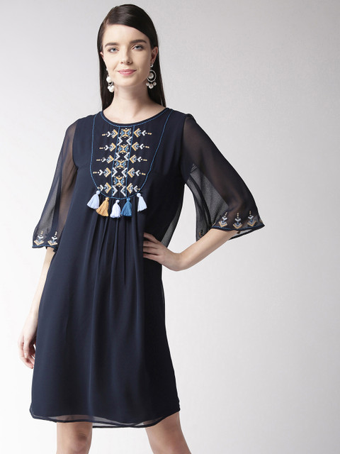 

Antheaa Women Navy Blue Solid Shift Dress with Embroidered Detail