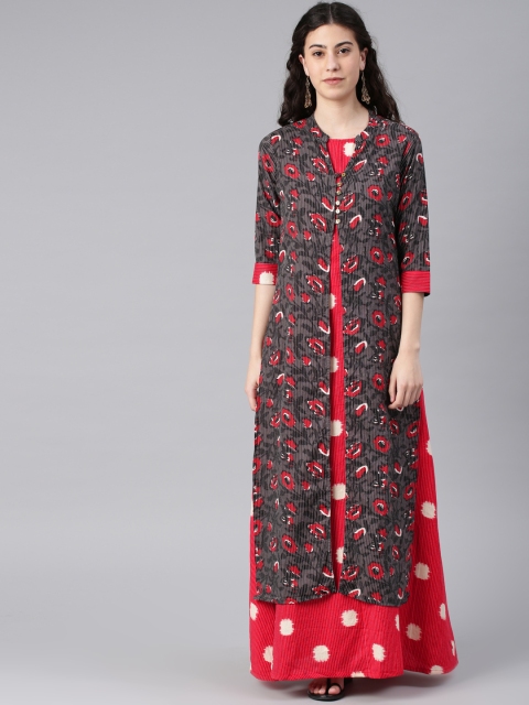 

Alena Women Charcoal Grey & Red Printed Layered Maxi Dress