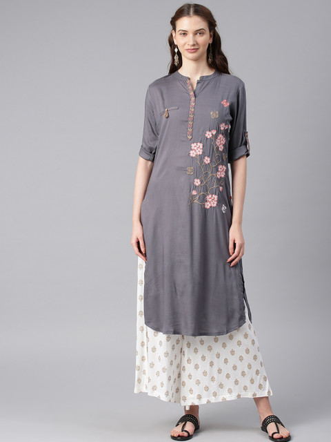 

Alena Women Charcoal Grey Embroidered Straight Kurta