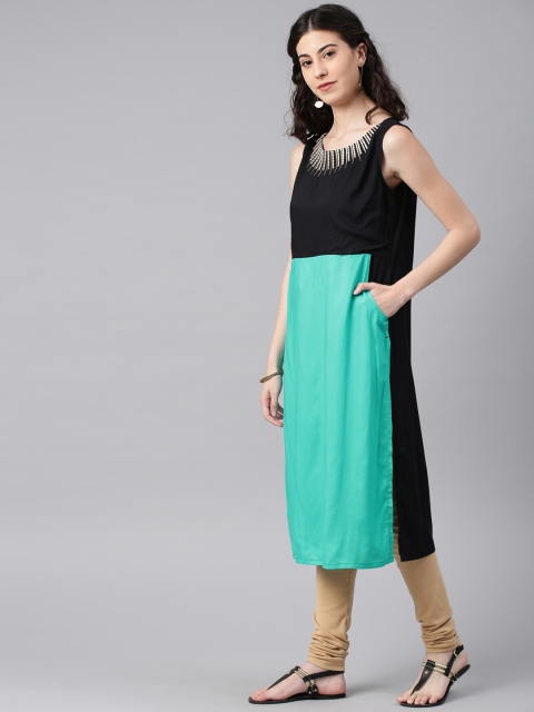

Alena Women Sea Green & Black Colourblocked Straight Kurta