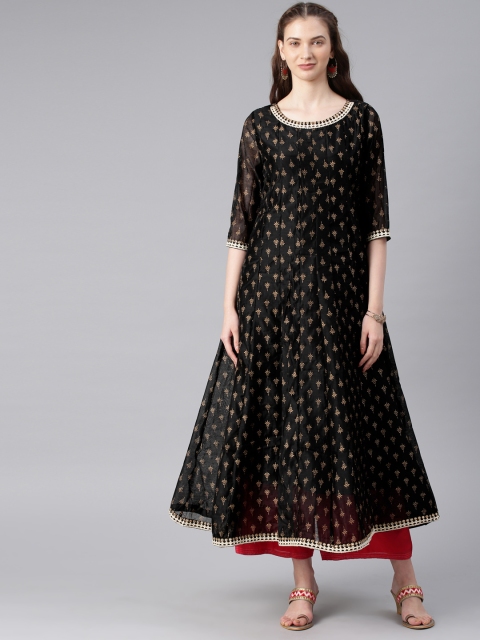 

Alena Women Black Foil Printed A-Line Kurta