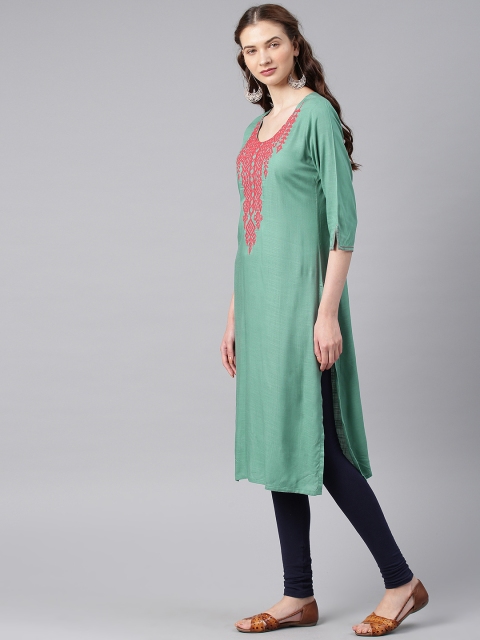 

Alena Women Green Embroidered Straight Kurta