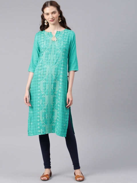 

Alena Women Teal Green Checked Straight Kurta