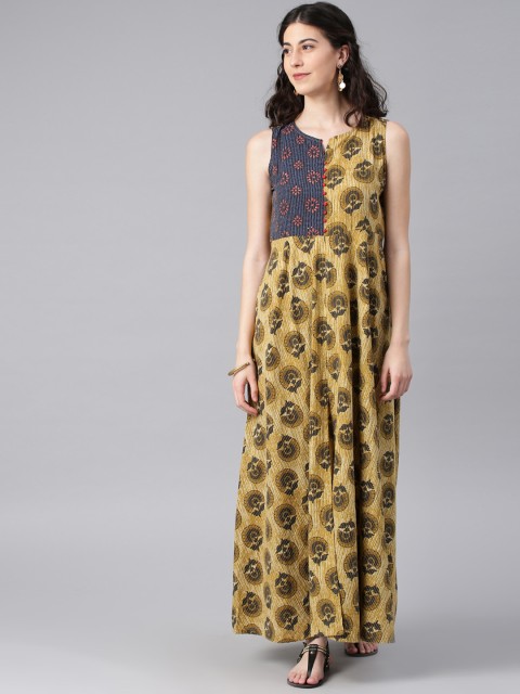 

Alena Women Olive Green & Blue Printed A-Line Kurta