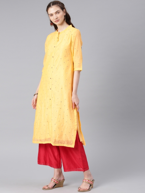 

Alena Women Yellow Self Design Straight Kurta