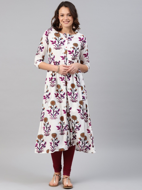 

Alena Women White & Magenta Floral Print A-Line Kurta