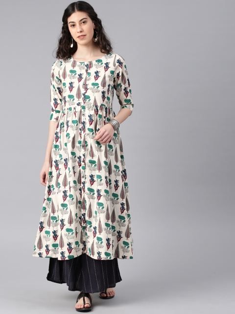 

Alena Women Off-White & Teal Blue Printed A-Line Kurta