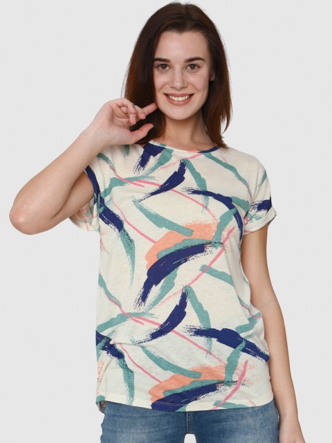 

Vero Moda Women Off-White & Blue Printed Round Neck T-shirt, Beige