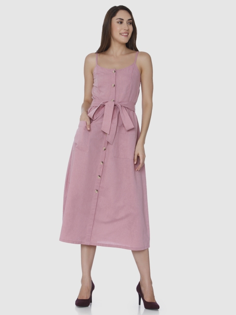 

Vero Moda Women Pink Solid Shoulder Straps A-Line Midi Dress with Waist Tie-ups