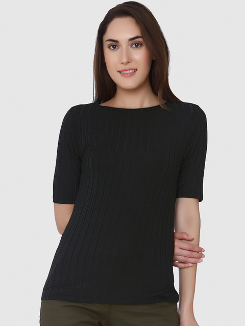 

Vero Moda Women Black Striped Boat Neck T-shirt