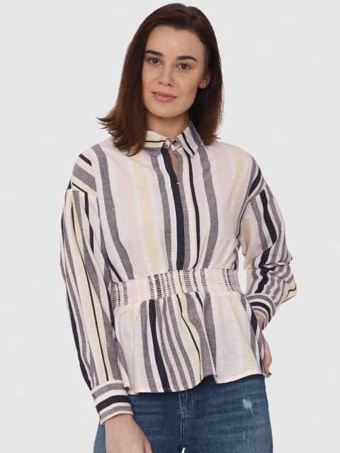 

Vero Moda Women Off-White and Navy Blue Striped Cinched Waist Top