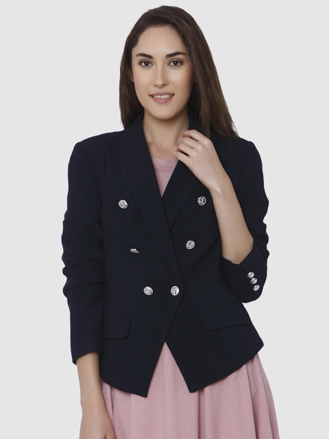 

Vero Moda Women Navy Solid Double-Breasted Casual Blazer, Navy blue