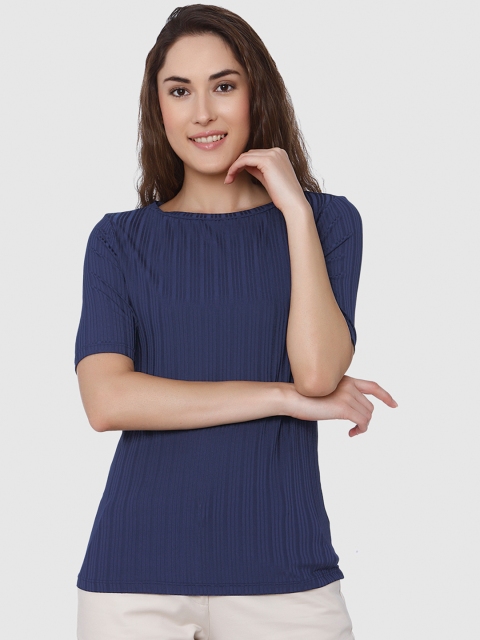 

Vero Moda Women Navy Blue Striped Round Neck T-shirt