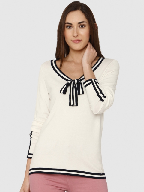 

Vero Moda Women Off-White & Navy Blue Embellished Solid Top