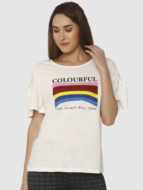 

Vero Moda Women Off-White Printed Round Neck T-shirt