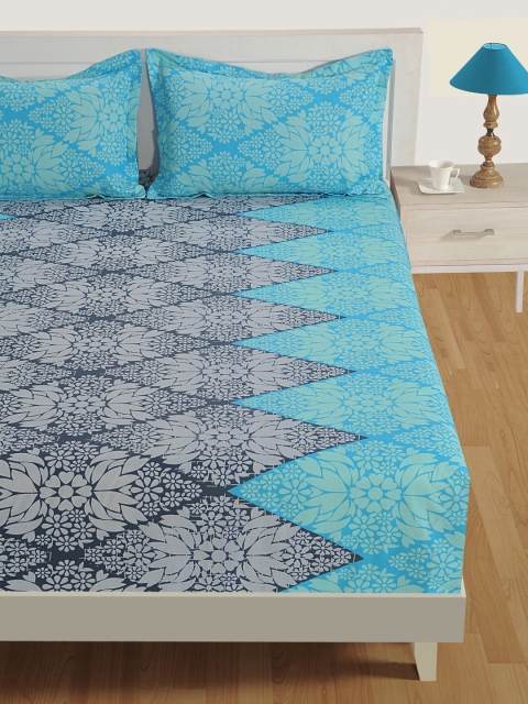 

SWAYAM Blue & Navy Blue Floral Flat 144 TC Cotton 1 Queen Bedsheet with 2 Pillow Covers