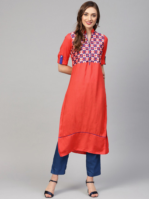 

Jaipur Kurti Women Coral Pink Yoke Design Straight Kurta
