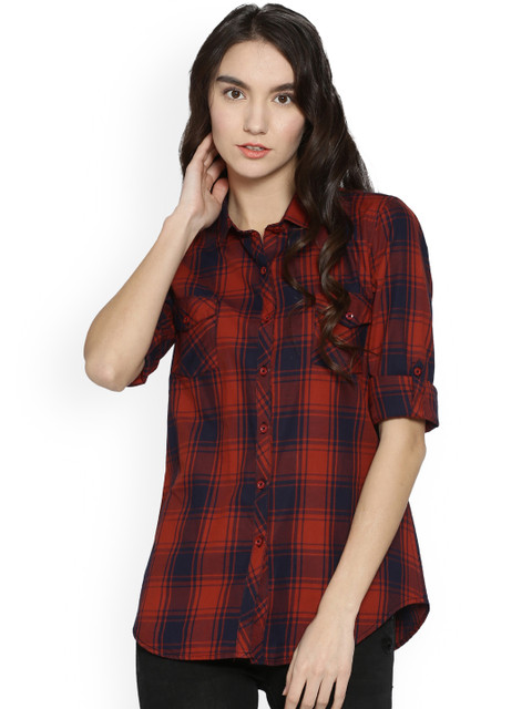 

Campus Sutra Women Red & Navy Blue Regular Fit Checked Casual Shirt