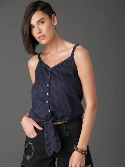 

Roadster Women Navy Blue Textured Top with Knot Detail