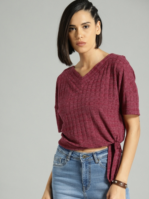 

Roadster Women Maroon Self Design Top