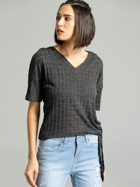 

Roadster Women Black Self Design Top