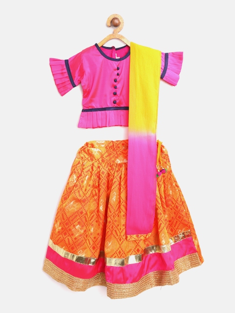 

BownBee Girls Orange & Pink Ready to Wear Lehenga & Blouse with Dupatta