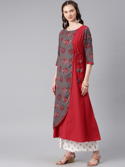 

Alena Women Charcoal Grey & Red Printed A-Line Layered Kurta