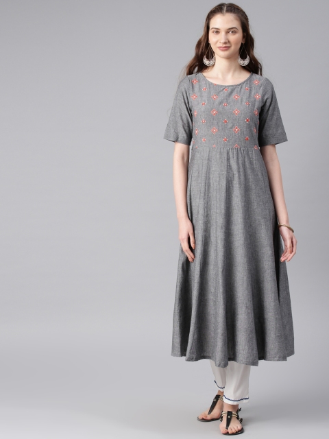 

Alena Women Grey Embroidered A-Line Kurta