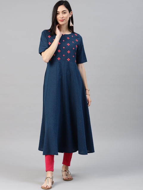 

Alena Women Navy Blue Embroidered A-Line Kurta