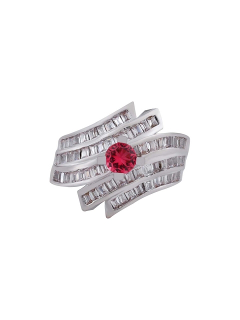 

shaze Women Rhodium Plated Red CZ Stone Studded Finger Ring for Women
