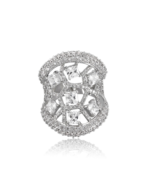 

shaze Women Rhodium-Plated CZ-Studded Ring, Silver