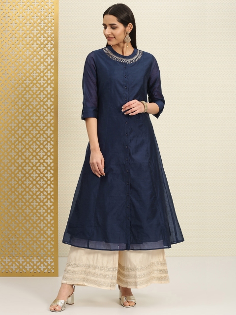 

House of Pataudi Women Navy Blue Solid A-Line Kurta
