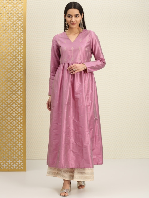

House of Pataudi Women Pink Embroidered Woven Design Anarkali Kurta
