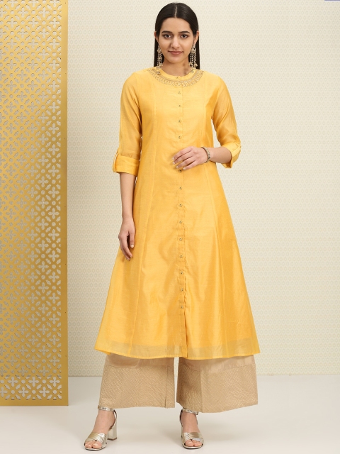 

House of Pataudi Women Mustard Yellow Solid A-Line Kurta