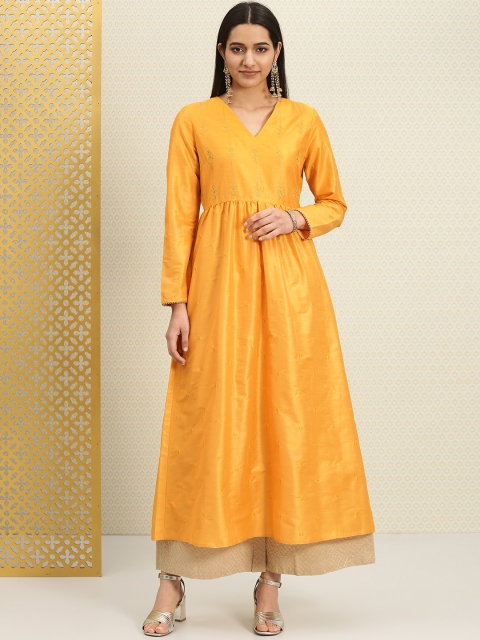 

House of Pataudi Women Yellow Embroidered Woven Design Anarkali Kurta